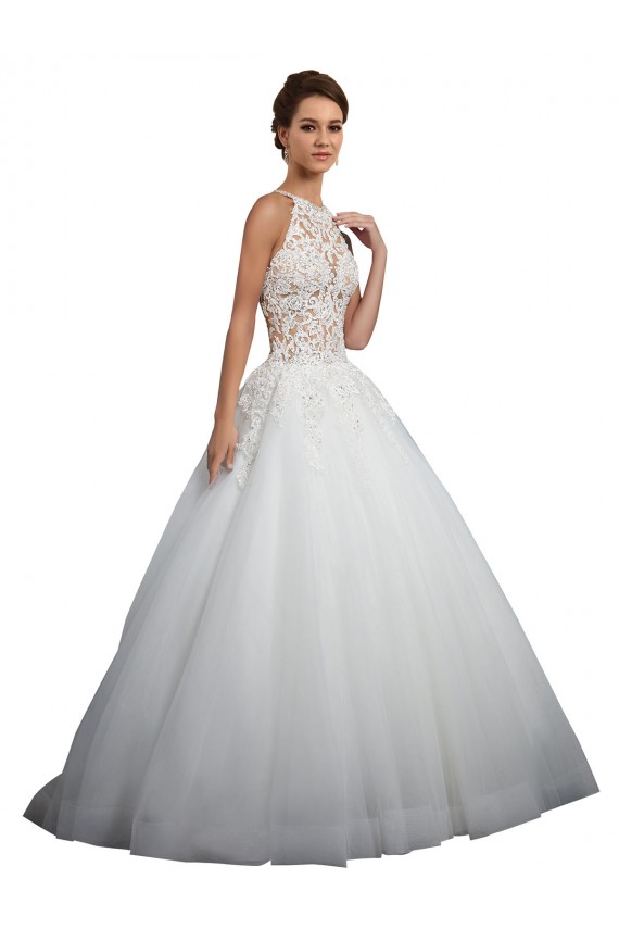 Online Marfil Cuello Alto Cola capilla Tul Encaje Vestidos de novia