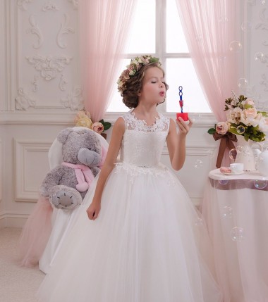 Online Marfil Cuello Alto Tul Encaje Largo vestidos de niña de las flores