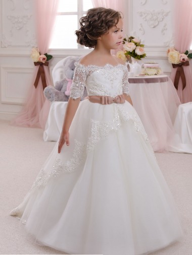Online Marfil Cuello Alto Tul Encaje Largo vestidos de niña de las flores