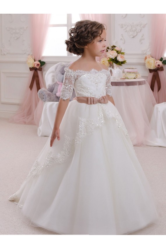 Online Marfil Cuello Alto Tul Encaje Largo vestidos de niña de las flores