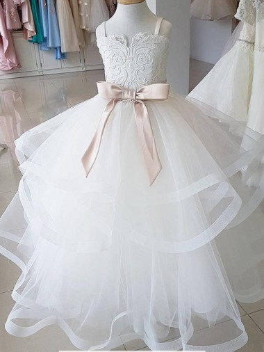 Online Marfil Cuello Alto Tul Encaje Largo vestidos de niña de las flores