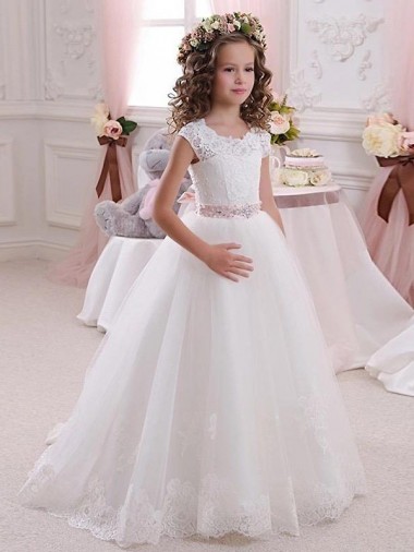 Online Marfil Cuello Alto Tul Encaje Largo vestidos de niña de las flores