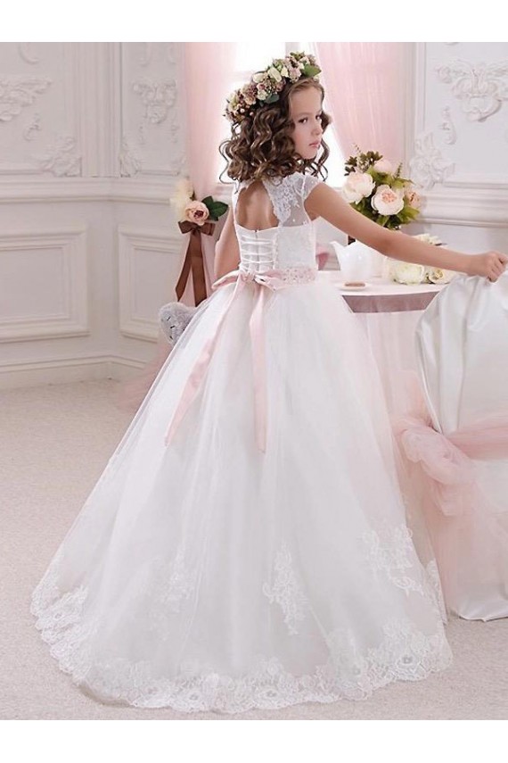 Online Marfil Cuello Alto Tul Encaje Largo vestidos de niña de las flores