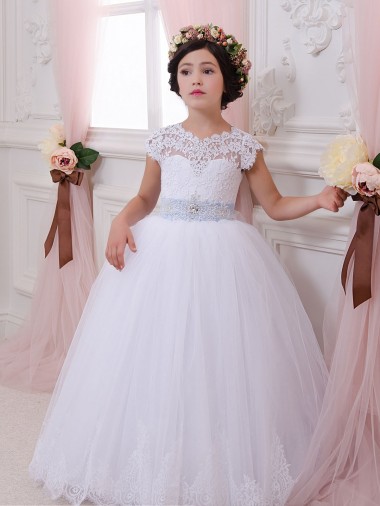 Online Marfil Cuello de Corazón Cola capilla Tul Encaje Largo vestidos de niña de las flores