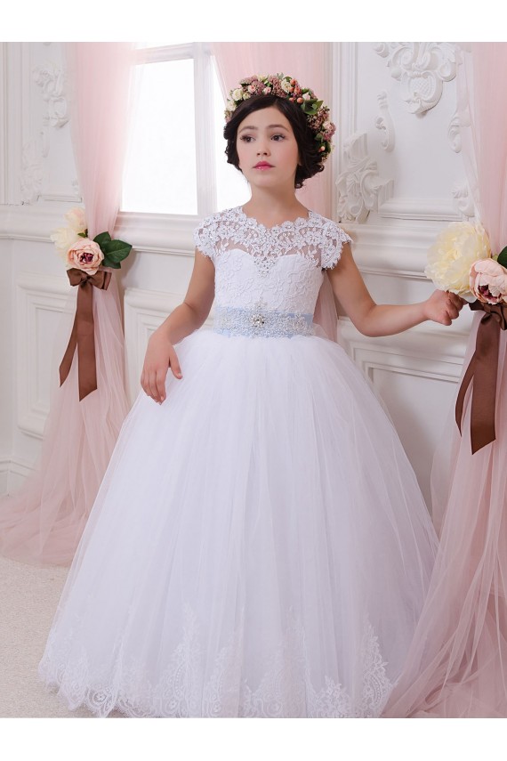 Online Marfil Cuello de Corazón Cola capilla Tul Encaje Largo vestidos de niña de las flores