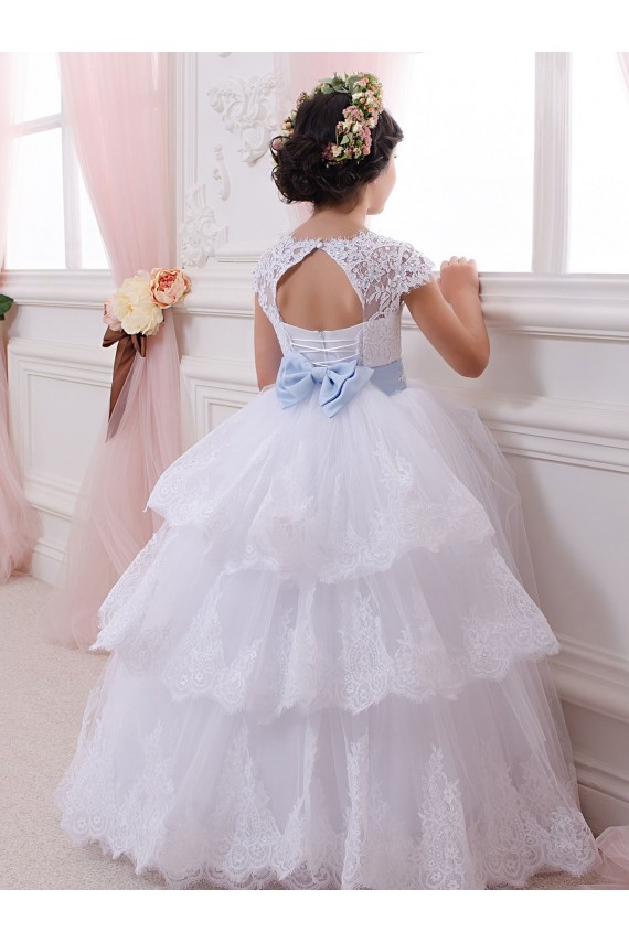 Online Marfil Cuello de Corazón Cola capilla Tul Encaje Largo vestidos de niña de las flores