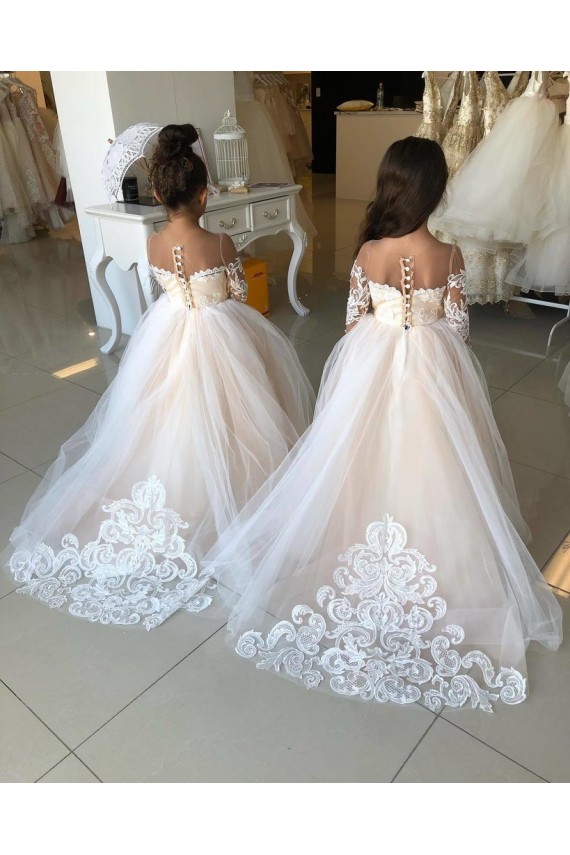 Online Marfil Cuello de Corazón Cola capilla Tul Encaje Largo vestidos de niña de las flores