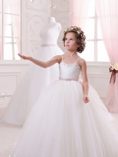 Online Marfil Cuello de Corazón Cola capilla Tul Largo vestidos de niña de las flores