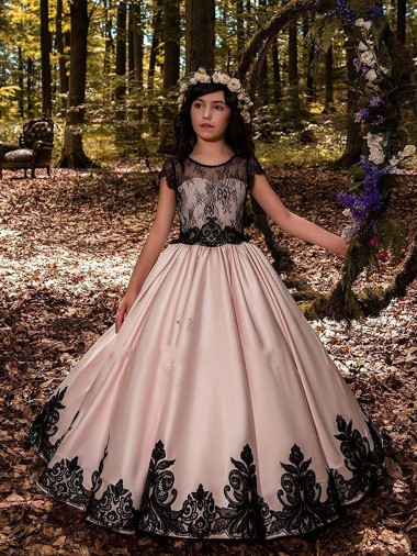 Online Marfil Cuello de Corazón Satén Encaje Largo vestidos de niña de las flores