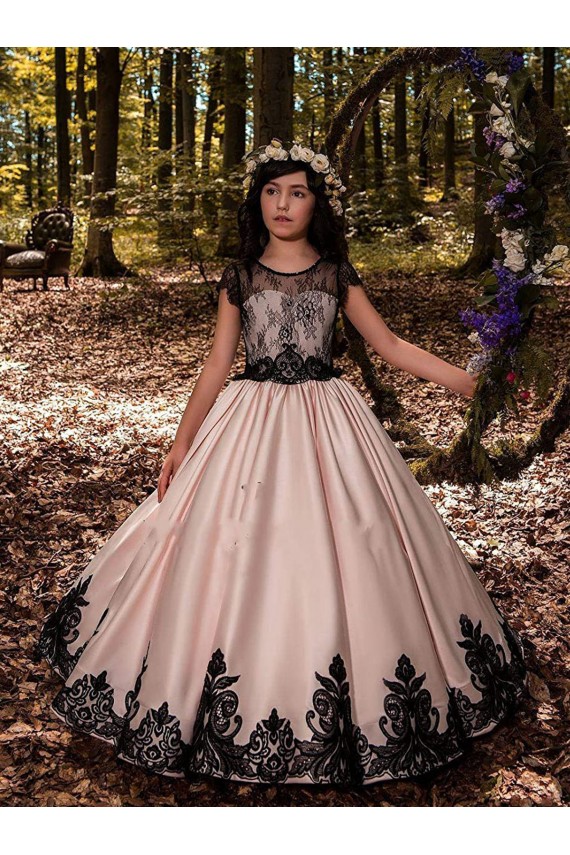 Online Marfil Cuello de Corazón Satén Encaje Largo vestidos de niña de las flores
