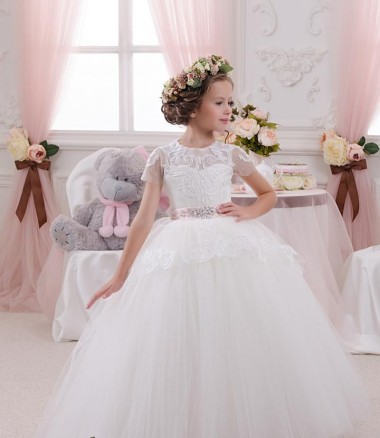 Online Marfil Cuello de Corazón Tul Encaje Largo vestidos de niña de las flores