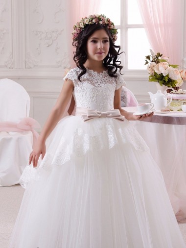 Online Marfil Cuello de Corazón Tul Encaje Largo vestidos de niña de las flores