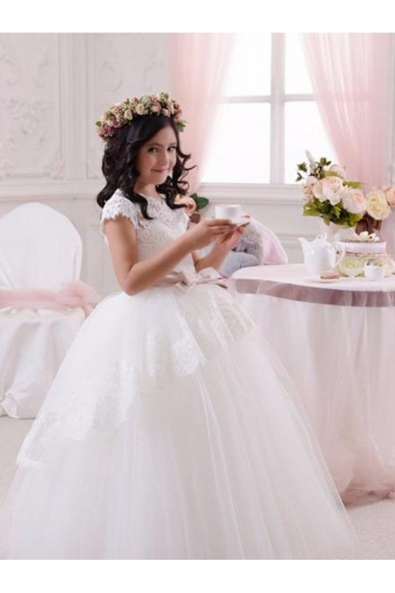 Online Marfil Cuello de Corazón Tul Encaje Largo vestidos de niña de las flores