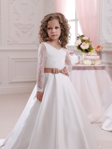 Online Marfil Cuello en V Cola capilla Satén Encaje Largo vestidos de niña de las flores