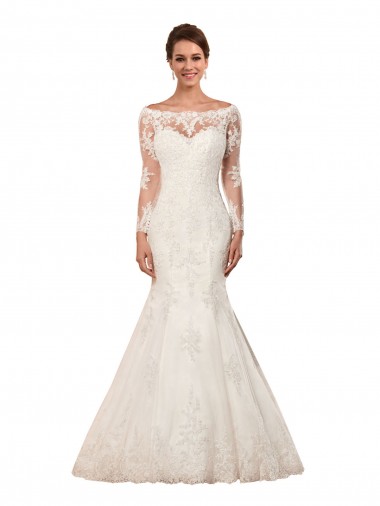 Online Marfil Sirena Barco Cola capilla Encaje Vestidos de novia