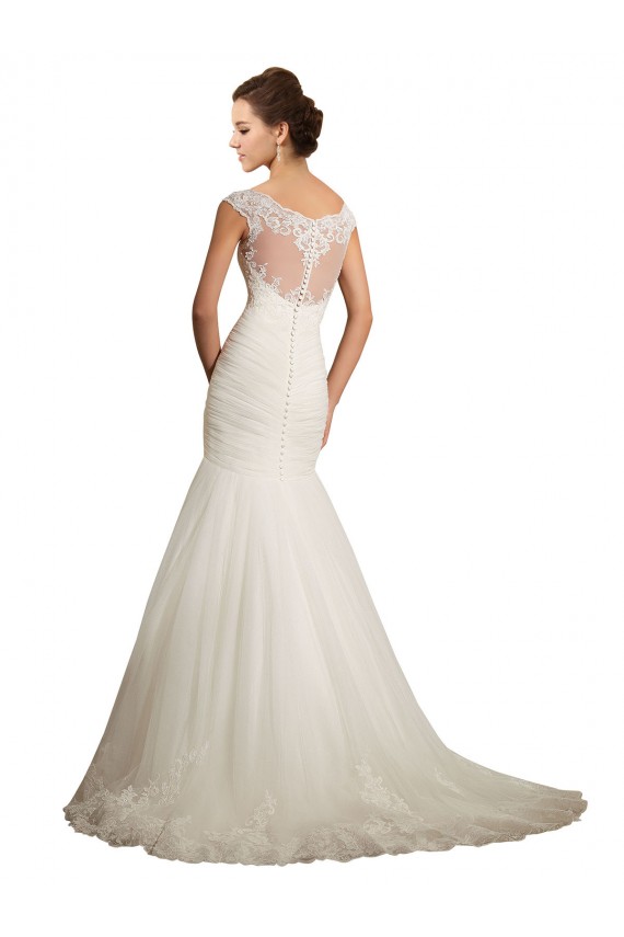 Online Marfil Sirena Barco Cola capilla Tul Encaje Vestidos de novia