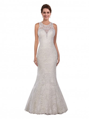 Online Marfil Sirena Cuello Alto Cola capilla Encaje Vestidos de novia