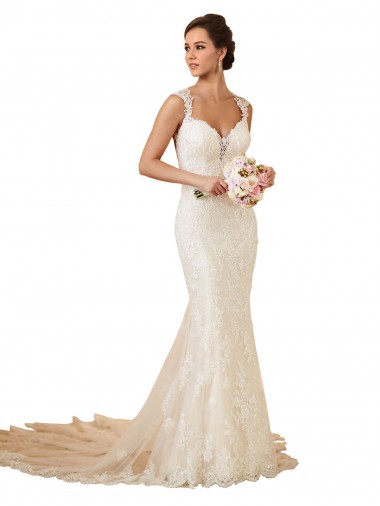 Online Marfil Sirena Cuello de Corazón Cola capilla Encaje Vestidos de novia