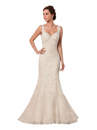 Online Marfil Sirena Cuello de Corazón Cola capilla Tul Encaje Vestidos de novia