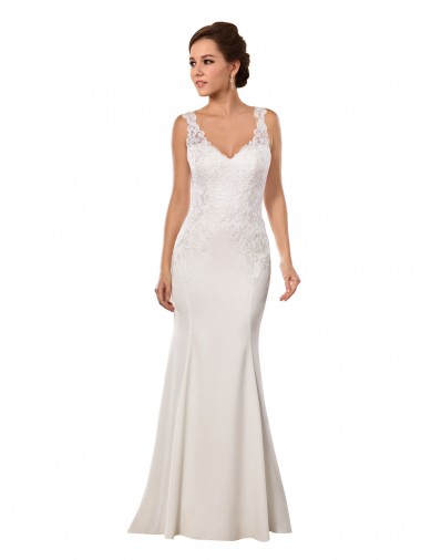 Online Marfil Sirena Cuello en V Cola capilla Encaje Crepé Elástico Vestidos de novia