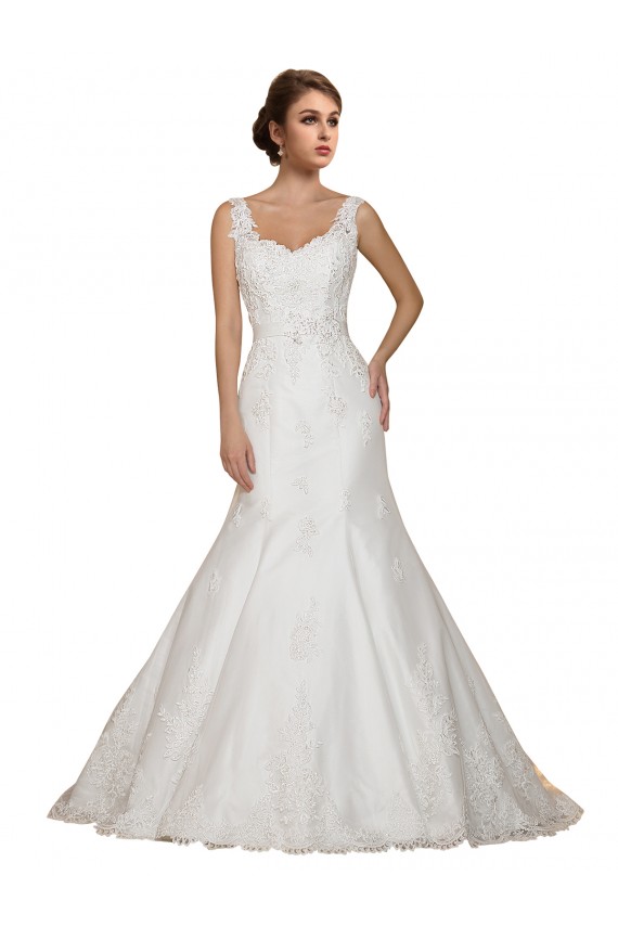 Online Marfil Sirena Cuello en V Cola capilla Encaje Vestidos de novia