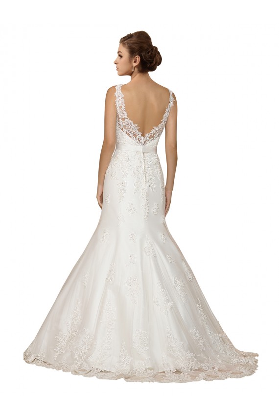 Online Marfil Sirena Cuello en V Cola capilla Encaje Vestidos de novia