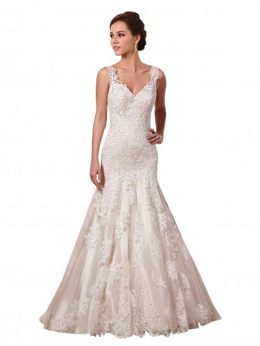 Online Marfil Sirena Cuello en V Cola capilla Tul Encaje Vestidos de novia
