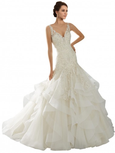 Online Marfil Sirena Cuello en V Cola capilla Tul Vestidos de novia
