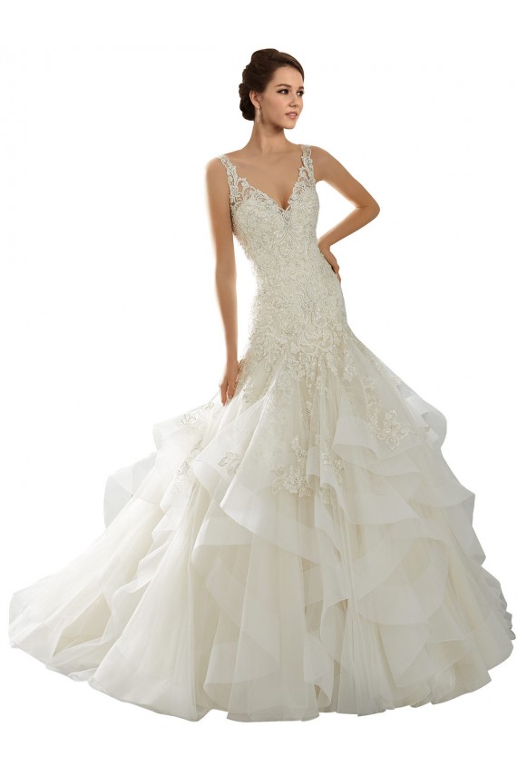 Online Marfil Sirena Cuello en V Cola capilla Tul Vestidos de novia