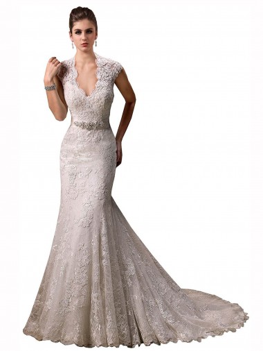 Online Marfil Sirena Halter Cuello en V Cola capilla Encaje Vestidos de novia
