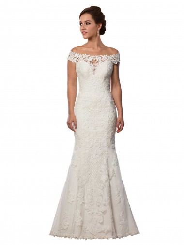 Online Marfil Sirena Hombros Descubiertos Cola capilla Encaje Boho Vestidos de novia
