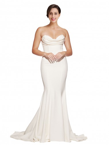 Online Marfil Sirena Sin tirantes Barrer tren Satén elástico Largo Formales Vestidos de dama de honor / Vestidos de fiesta