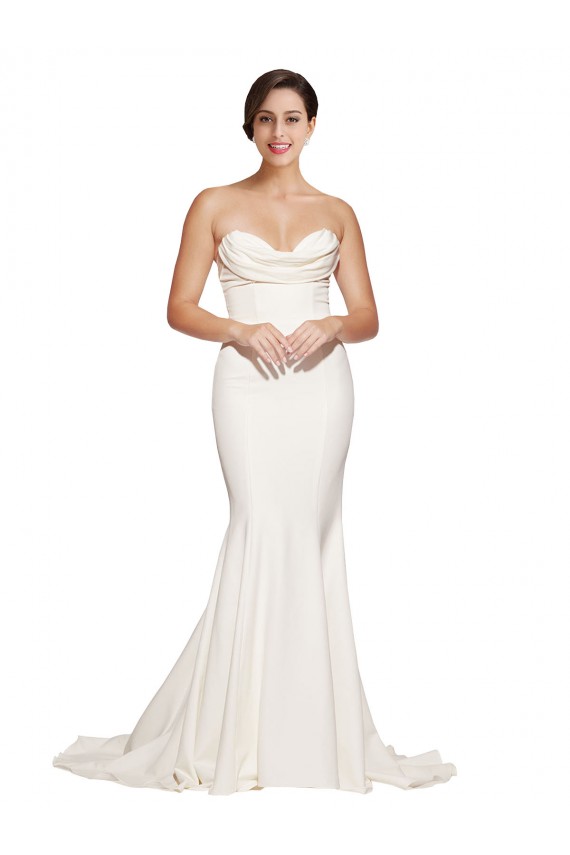 Online Marfil Sirena Sin tirantes Barrer tren Satén elástico Largo Formales Vestidos de dama de honor / Vestidos de fiesta