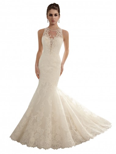 Online Marfil Sirena Ilusión Cola capilla Encaje Vestidos de novia