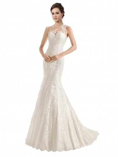 Online Marfil Sirena Ilusión Cola capilla Encaje Vestidos de novia