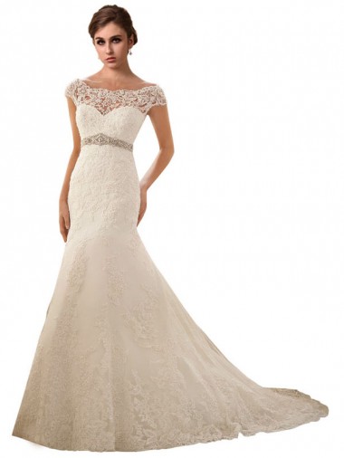 Online Marfil Sirena Ilusión Cola capilla Tul Encaje Vestidos de novia