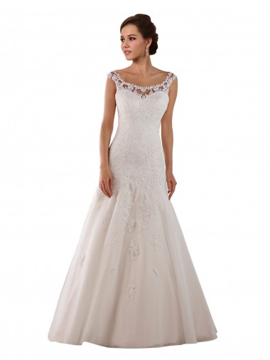 Online Marfil línea A Cucharón Cola capilla Tul Vestidos de novia