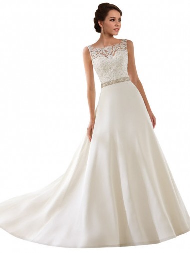 Online Marfil línea A Ilusión Cola capilla Encaje Vestidos de novia