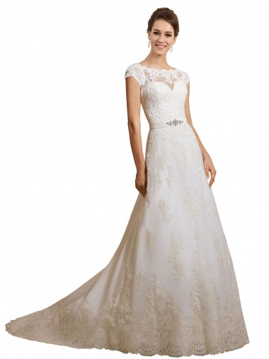 Online Marfil línea A Ilusión Cola capilla Tul Encaje Clásico Vestidos de novia