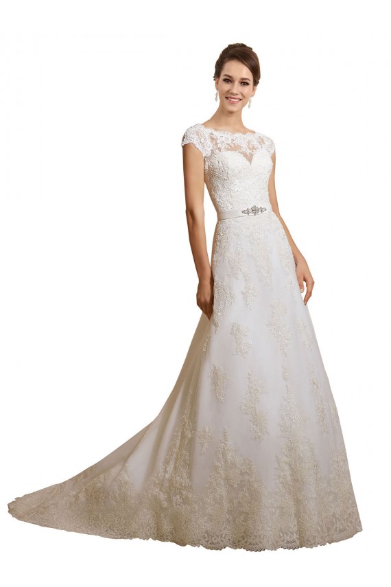 Online Marfil línea A Ilusión Cola capilla Tul Encaje Clásico Vestidos de novia