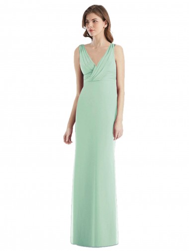 Online Menta Verde Trompeta Cuello en V Gasa Largo Vestidos de dama de honor