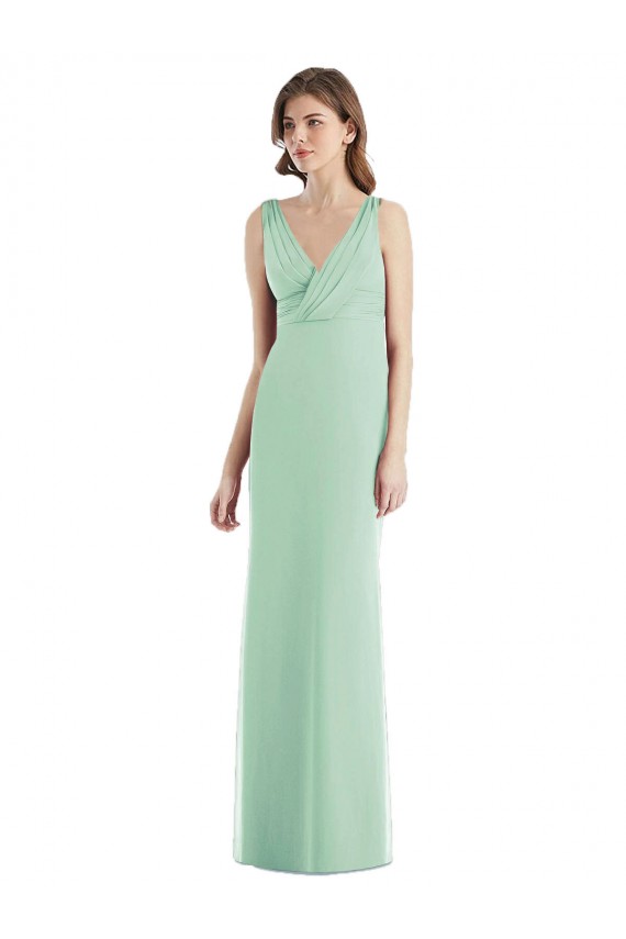 Online Menta Verde Trompeta Cuello en V Gasa Largo Vestidos de dama de honor