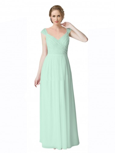 Online Menta Verde línea A Cuello en V Gasa Encaje Largo Vestidos de dama de honor