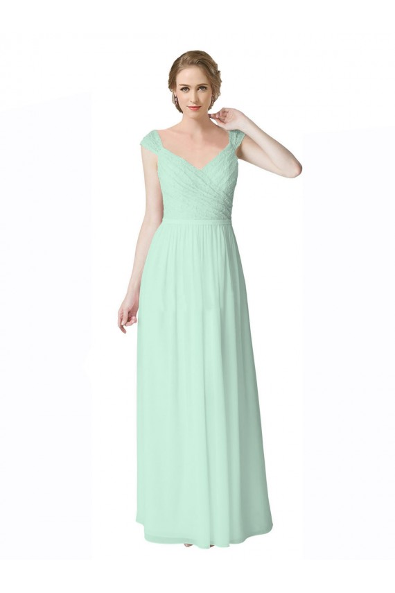 Online Menta Verde línea A Cuello en V Gasa Encaje Largo Vestidos de dama de honor