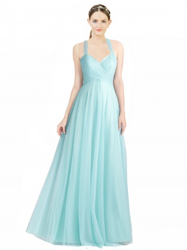 Online Menta Verde línea A Tirantes espagueti Tul Largo Vestidos de dama de honor