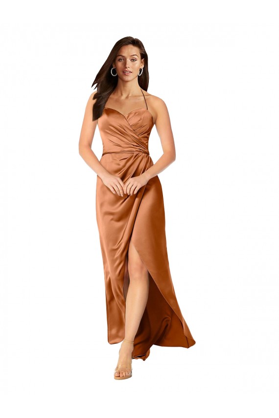 Online Naranja línea A Tirantes espagueti Satén sedoso Largo Asimétrico Formales Vestidos de dama de honor / Vestidos de fiesta