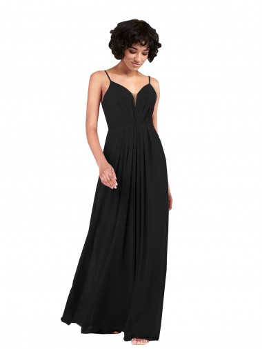 Online Negro Columna Cuello en V Gasa Largo Formales Vestidos de dama de honor / Vestidos de noche