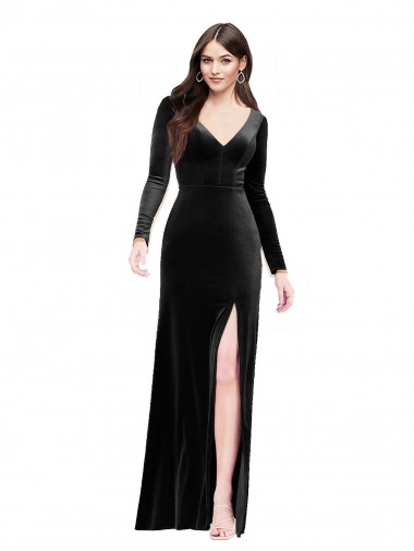 Online Negro Columna Cuello en V Terciopelo Elástico Largo Formales Vestidos de dama de honor / Vestidos de fiesta