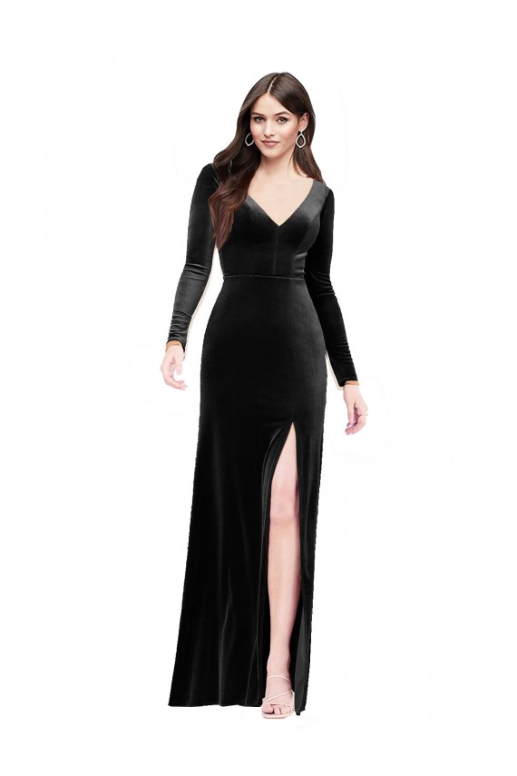 Online Negro Columna Cuello en V Terciopelo Elástico Largo Formales Vestidos de dama de honor / Vestidos de fiesta