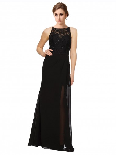 Online Negro Cubierta Cuello Alto Gasa Encaje Largo Vestidos de dama de honor